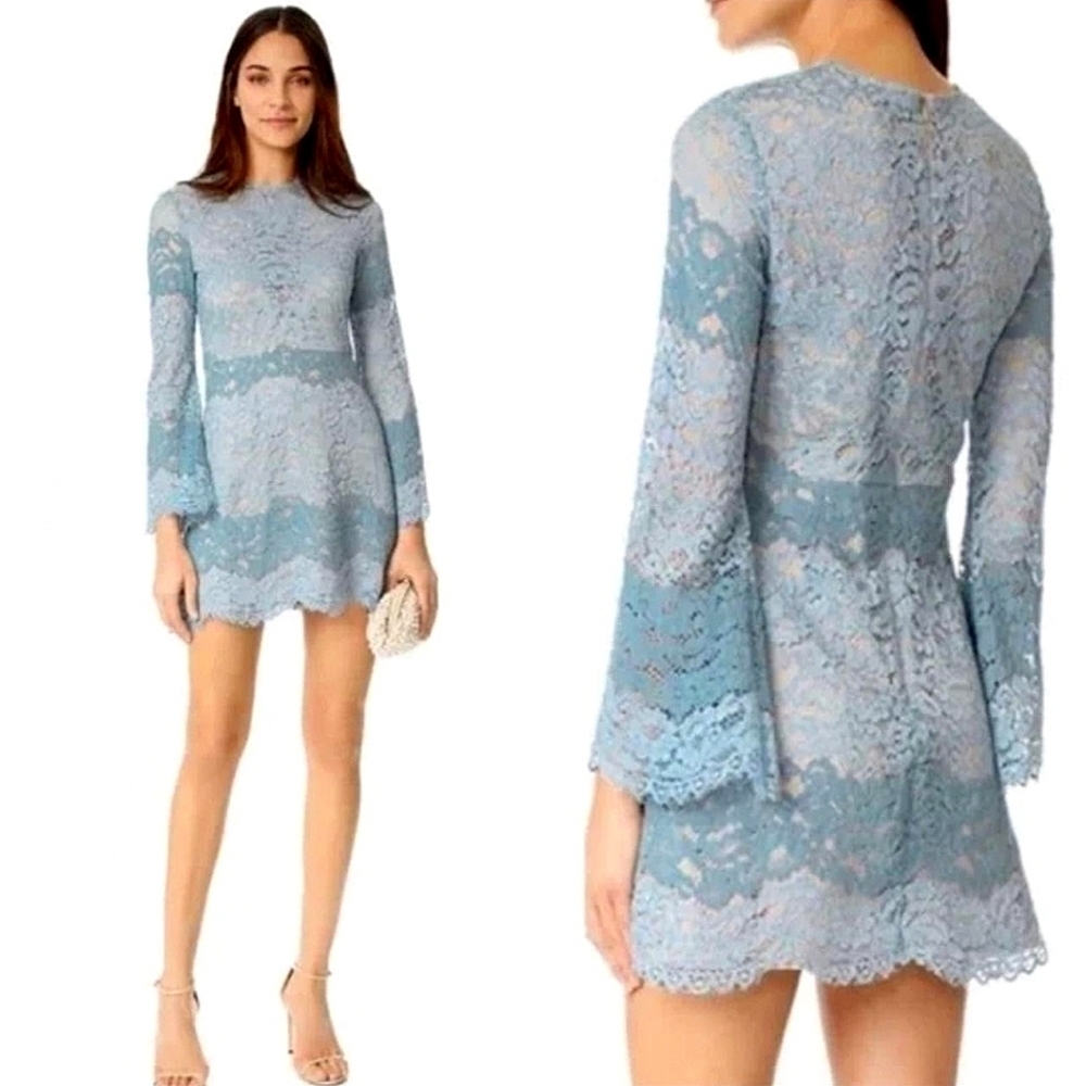 Wayf Dusty Blue Lace Long Sleeve Mini Dress